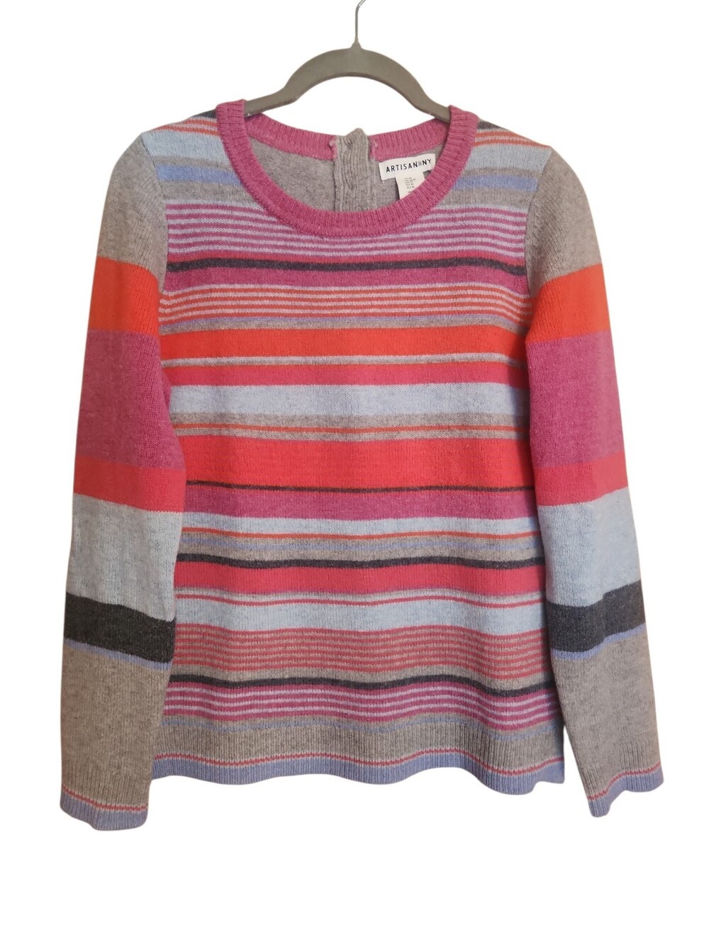 ARTISAN NY 100% EXTRA FINE MERINO WOOL STRIPED SWEATER BACK BUTTON MEDIUM